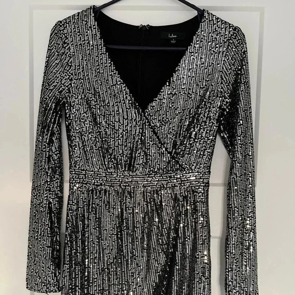 Lulus Evening Silver Sequin Long Sleeve Faux Wrap Dress, worn once! - Picture 1 of 4